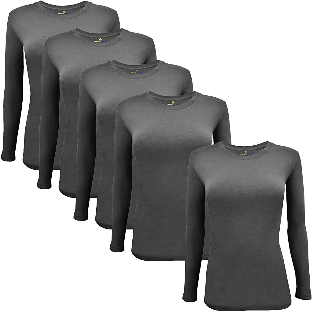 ACTIVE UNIFORMS Women's Under Scrub Tee Crew Neck Long Sleeve T-Shirt 5- Pack (Charcoal, Large)