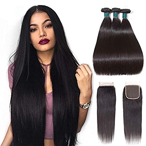 Brazilian Straight Hair Bundles With Closure 100% 9A Unprocessed Virgin Human Hair 3 Bundles With Free Part 4X4 Lace Closure Natural Color (18 20 22 With 18)