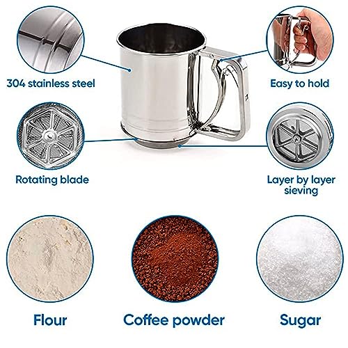 Image of Flour Sifter for Baking Atta chhani Hand Press Design Stainless Steel Flour Sifter Corrosion Resistant Large Capacity Flour Sieve Cup for Sugar Flour and Coffee Powder | Atta Chalni (B)