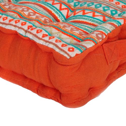 Image of Weaved Quilted Floor Cushion Set 40x40x8 cm with Cotton Filler & Back Cushion, Small Size for Seating, Patio Seat, Meditation, Yoga, Pooja, Guests, Living - Orange Boho