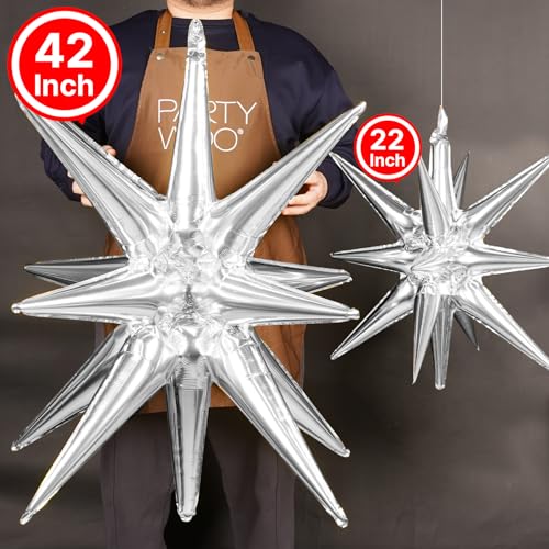 Image of PartyWoo Metallic Silver Star Spike Balloons 2pcs Explosion Foil Balloons
