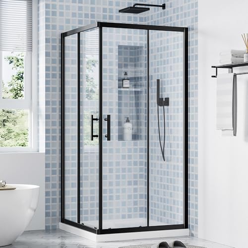 Aonlee 36" D X 36" W X 72" H Corner Shower Enclosure, 1/4 Inch Tempered Glass Sliding Shower Door, Adjustable Walk-in Opening, Aluminum Frame, 19 1/8 Inch Entry for Bathroom, Matte Black