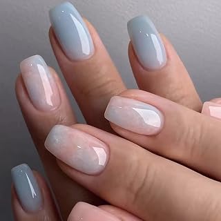 24Pcs Blue Gradient Press on Nails Short Square Fake Nails AZTSYT Nude Pink Marble Design Coffin False Nails Glossy Acrylic Nails Blue Pink Full Cover Glue on Nails Artificial Stick on Nails for Women