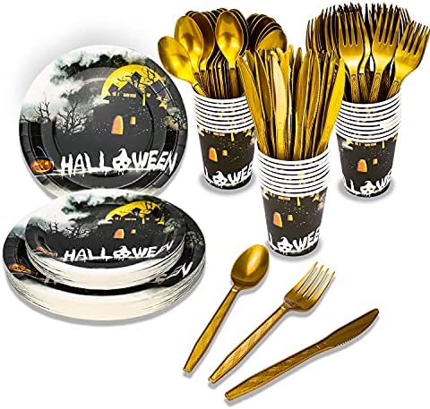 150 Disposable Party Tableware Set Happy Halloween Disposable Party Tableware-Black Halloween Paper Plate Cup, Golden Plastic Fork, Knife and Spoon (type2)