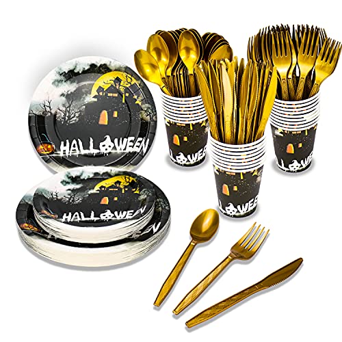 150 Disposable Party Tableware Set Happy Halloween Disposable Party Tableware-Black Halloween Paper Plate Cup, Golden Plastic Fork, Knife and Spoon (type2)