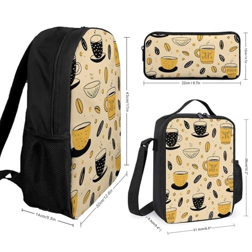 3 Piece Backpack for Women Men Lightweight Causal Daypack Shoulder Bag Set with Insulated Lunch Bag And Pencil Case Organizers Coffee Pattern2