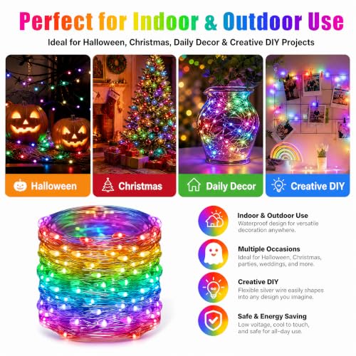 Image of Dazzle Bright Color Changing Fairy Lights Battery Operated, 2 Pack Total 40FT 120LED Silver Copper Wire RGB String Lights with Remote, Waterproof Halloween Decorations for Indoor Outdoor Party Decor