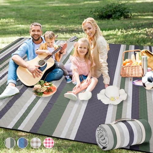 Picnic Blankets Outdoor Extra Large - 80'x80' Portable Waterproof Picnic Blanket, Machine Washable 3-Layer Foldable Picnic Mat with Sandproof Backing for Grass, Park, Hiking, Concerts (GreenStrip)