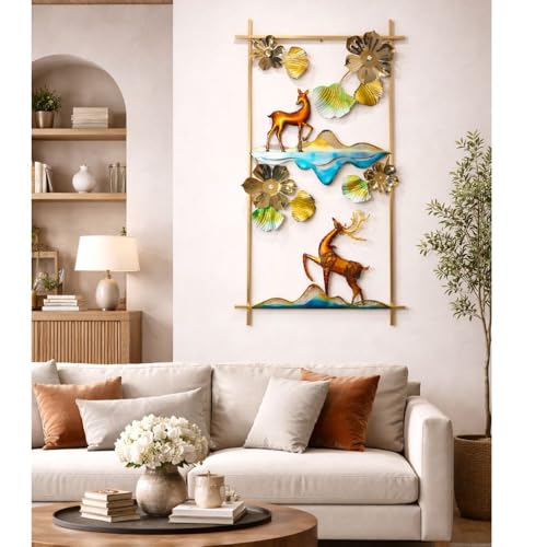 Image of SHREE 'O' GREEN TECH - Iron Large Handcrafted Metal Golden Deer Wall Art Leaf Frame Showpiece Multicolor Decor for Home, Living Room, Drawing Room & Bedroom Decor (Size 48x26 Inch)