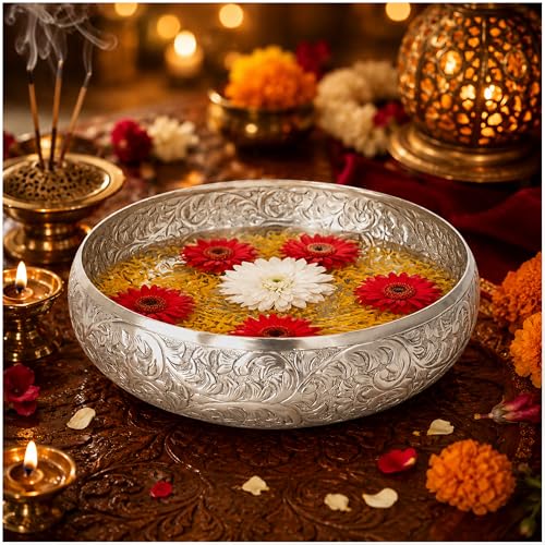 Image of TIED RIBBONS Urli Bowl (Aluminium, 9.8 Inch X 3.4 Inch) - Home Decoration Items for Ganesh Chaturthi Living Room Pooja Room Uruli Bowls Aesthetic Decorative Items for Home Decor - House Warming Gifts