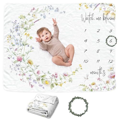 Image of Wildflower Baby Monthly Blanket for Girls, Boho Floral Moon Nursery Decor, Babys First Year Photography Background, for New Moms