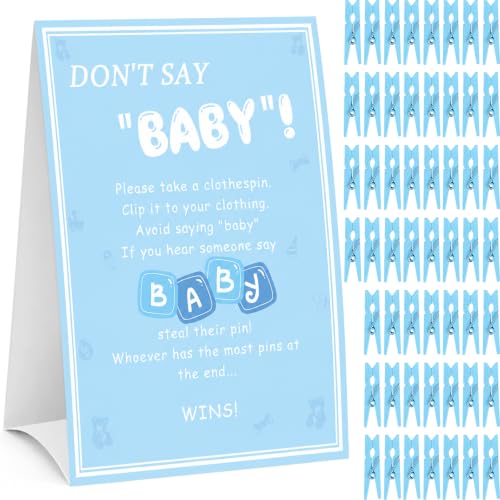 ZJJZGYXINTAI Dont Say Baby Game Baby Shower Games Boy 1 Sign and 60 Blue Mini Clothespins 8 x 11 in Sign Shower Game Decorations Ideas Gender Reveal Party Favors