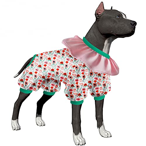 Image of LovinPet Large Dogs Clothes, Large Pajamas, Anti Licking Dog Recovery Suit, Lightweight Fashion Hill Flowers Red, Pink, Green Prints Dog Clothing, UV Protection, Easy Wearing Jumpsuit L