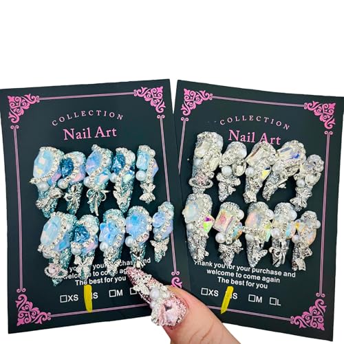 2Packs (20Pcs) Press on Nails Random 30mm Long Manicure Charms Nails Art Nail Kit for Women Party Holiday Photo Wedding Size L