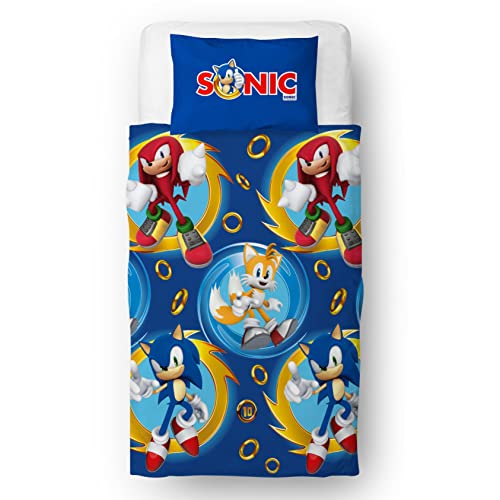 Sonic The Hedgehog Juego de Funda de edredón para Cama Individual con diseño Oficial, Reversible, de 2 Caras, Incluye Funda de Almohada a Juego, Color Azul