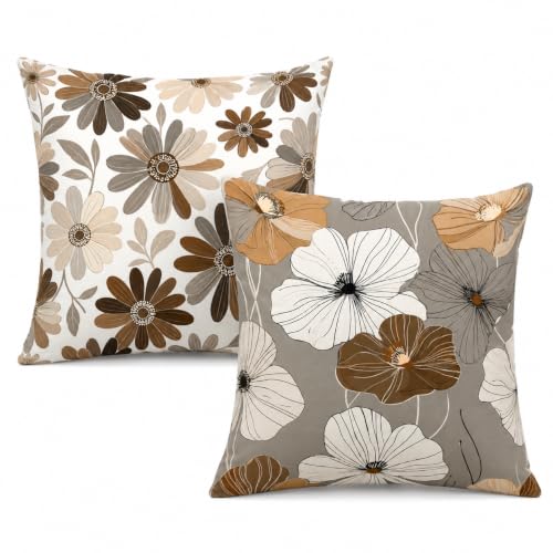 Image of Brown Floral Cushion Covers 45x45cm Pack of 2, Neutral Daisy Flower Decorative Throw Pillow Covers with Hidden Zipper, Square Sofa Cushion Covers for Living Room Bedroom Home Decor, 18x18 Inch