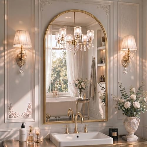 Image of 26 inchx38 inch Arched Gold Bathroom Mirror - Metal Framed with HD Shatter-Proof Glass, Wall-Mounted for Over Sink, Entryway, Living Room, Bedroom