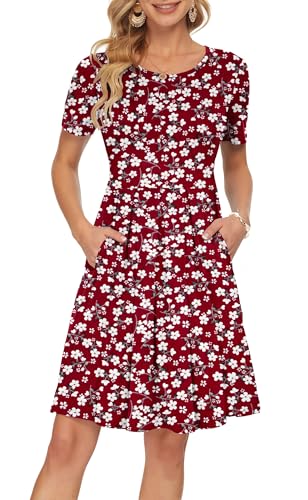 Image of AUSELILY Women's Short Sleeve Pleated Swing Summer Dress with Pockets | Knee-length short sleeve dress, empire waist & pockets, ideal for casual daily wear and vacation