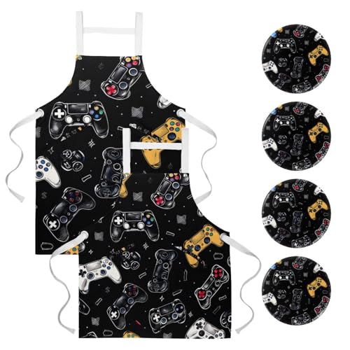 Lot de 2 tabliers de cuisine avec motif manettes de jeu pour bistrot et bar