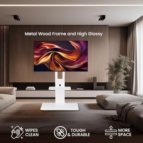 Image of Height Adjustable Floor TV Stand for 32-55 Inch LED Smart TVs, Sleek White Wood & Metal Design, Universal TV Stand for Living Room and Bedroom, Square