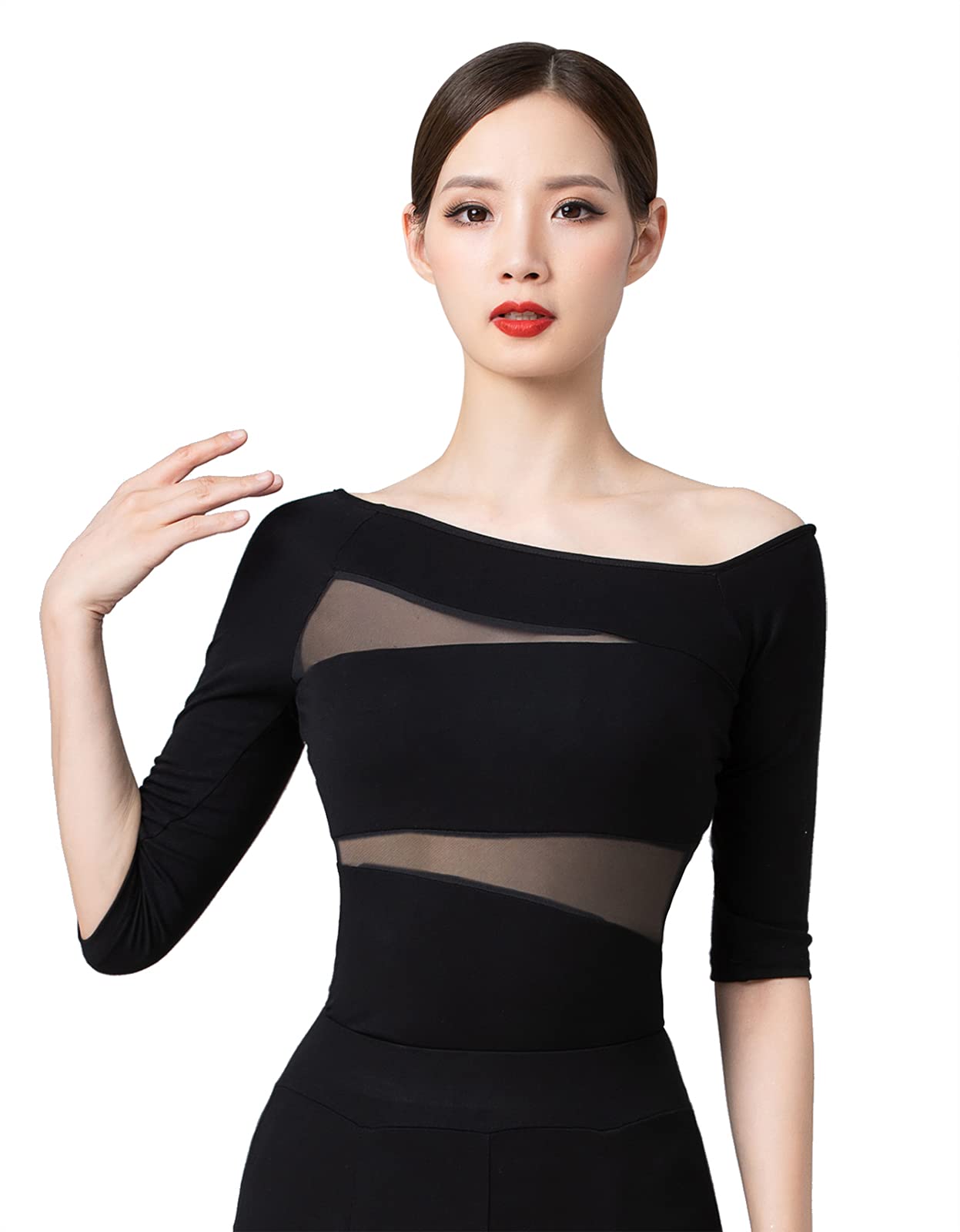 Z&XWomen's Dance Tops for Women Sexy Oblique Shoulder 1/2 Sleeve Ballroom Latin Yoga Crop Tops Shirt