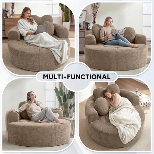 Image of Oversized Round Chair Lounge Chaise Indoor, 54.3 inch Upholstered Corduroy Deep Seat Single Cloud Sofa Chair with Heart-Shaped Pillow Modern Large Circle Boneless Couch for Living Room, Brown