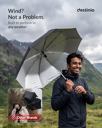 Image of Destinio Umbrella for Man - Large Size, Fully Automatic, Windproof Fibreglass Ribs, UPF 50+ Sun Protection, Premium 210T Pongee, Foldable Travel Umbrella for Rain for Men and Women - 3 fold Compact Easy to Carry (Auto open auto close)
