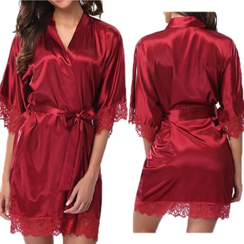 HKYFNNBW - Bata de seda con ribete de encaje para mujer con cinturón extraíble para fiesta de novia, traje sexy de San Valentín, rojo vino, Altoa única