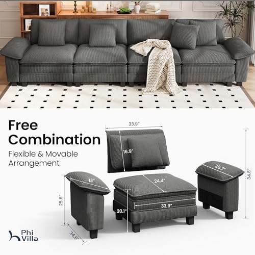 Image of PHI VILLA Cloud Modular Couches Sets, 157.5 inch Sectional Sofa with Upholstered Deep Seat, 4-Seater Long Couches for Living Room Apartment, Corduroy Fabric, Grey
