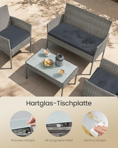 SONGMICS Gartenmöbel-Set, 4-teilig, Balkonmöbel aus PE-Polyrattan, Tisch, 2 Stühle, 2-Sitzer-Bank, Lounge-Möbel Outdoor, Terrassenmöbel, für Terrasse, Balkon, grau GGF004TZ01 5