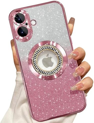 Misscase for iPhone 16 Magnetic Glitter Case Compatible with MagSafe,Full Protection Slim Shockproof Anti-Scratch Case with Camera Lens Protector Logo View Dust-Proof Net for Women Pink