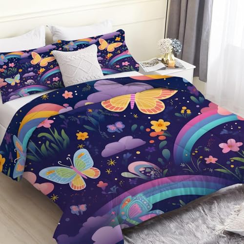 FamHarbor Lindo juego de edredón individual de mariposa de 7,5 tog, floral reversible sin funda, suave y cómodo para todas las estaciones (135 x 200 cm) con 2 fundas de almohada B182