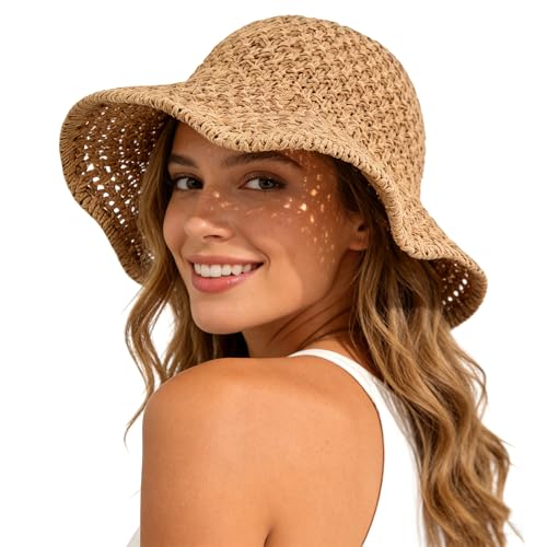 Sun Hat for Women Beach Hat Straw Bucket Hat Summer UV Protection Packable Breathable Crochet Style