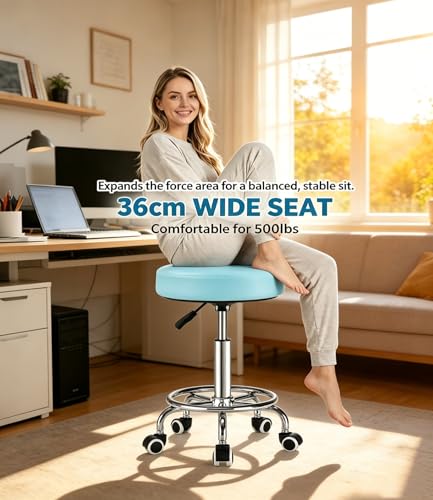 Image of 500lbs Heavy‑Duty Adjustable Rolling Stool with Wheels & Footrest Ring,Blue