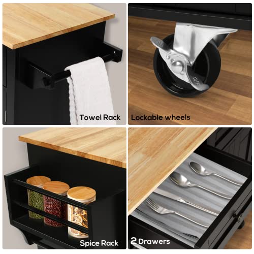 TUSY Kitchen Island with Storage, Rolling Kitchen Cart with Lockable Wheels, Solid Wood Tabletop Kitchen Island Table for Kitchen, Living Room, Black