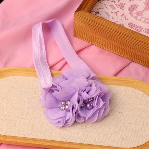 Lace Flower Baby Girls Headband with Pearl Rhinestone Fabric Floral Elastic Toddlers Hairbands Birthday Party Hair Accessoties for Newborn Infant (Purple A, Standard Small)4