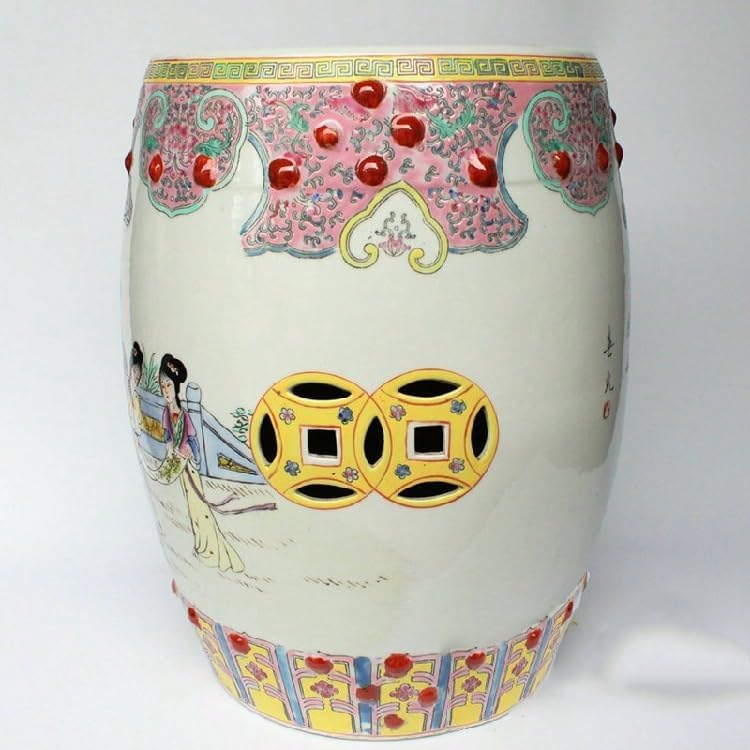 Garden Stool Pastel Hand-Painted Antique Lady-in-Waiting Drum Stool | Decorative Porcelain Garden Stool for Vanity and Home Decor Ottomans