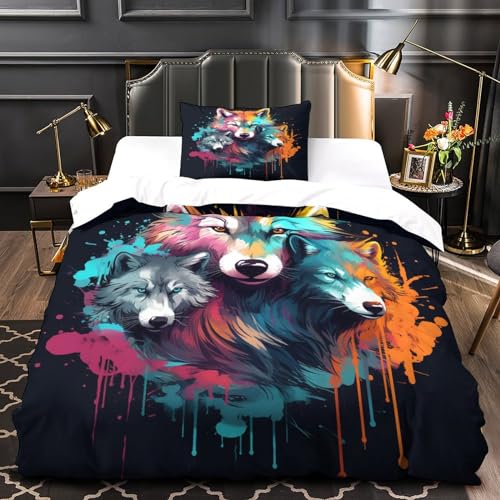 Housse de couette loup avec taies d'oreiller, parure de lit 3 pièces pour enfant et adulte