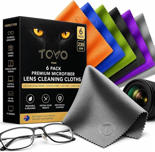 TOVO Prime Microfiber Cleaning Cloth – 6 Pack, 230 GSM Ultra Soft Lens Cloth for Glasses, Camera & Screens, Streak-Free, Lint-Free, Scratch-Safe (6x7 Inch)