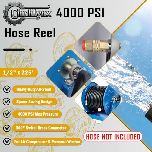 CinchLynx Air Hose Reel 4000PSI Heavy Duty Hand Crank, 360° Swivel Wall Mount Vacuum Hose Reel for 1/2" x 225' Hose, Compatible with Air Compressors & Pressure Washers (Hose Not Included) by CinchLynx - Used condition - Image 2