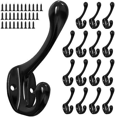 16 Pack Coat Hooks, Metal Wall Hooks for Coats, Black Hooks for Hanging Coats, Heavy Duty Double Prong Coat Hooks Wall Mounted With Screws For Hanging Coats, Towel, Backpack, Clothes, Hat, Dog Leashes