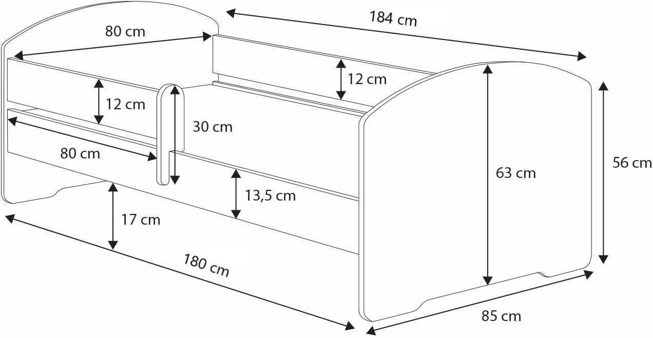 Technical drawing with dimensions of the KOBI LUK Cot