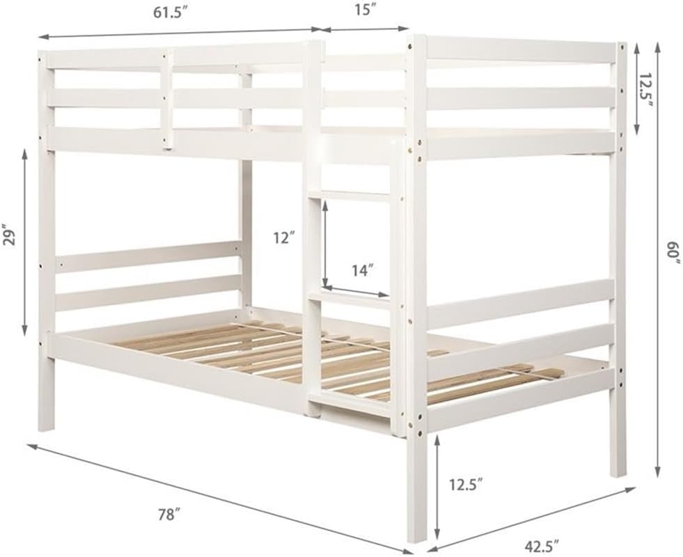 Pemberly Row Twin Over Twin Wood Bunk Bed, Pine and Plywood Frame, White Finish, 78 x 42.5 x 60 in, Space-Saving Design, Safety Guardrails, Ladder, Storage Underneath, Durable Kids Bedroom Furniture