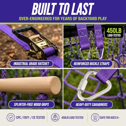 Trailblaze Ninja Warrior Obstacle Course for Kids - Ultimate Outdoor Fun 2x55 Ft Ninja Slackline Climbing Net Rope Ladder Trapeze Swing Monkey Bars - Durable and Safe Ninja Course for Kids Outside