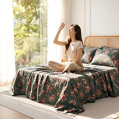 Image of FADFAY Forest Green Floral Full Sheet Set - 100% Muslin Cotton Double Gauze Bedding - 4 Piece Shabby Chic French Floral Sheets, Ultra Soft Breathable Cooling Sheets