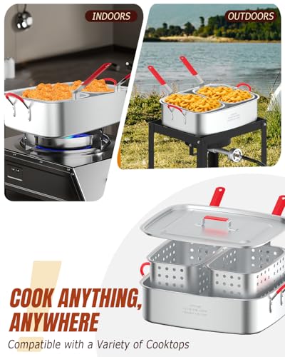 Image of 18QT Fish Fryer Pot with 2 Basket, Aluminum Deep Fryer with Lid, Thermometer & Tongs, Outdoor Frying Pot for Fish, Chicken Wings & French Fries