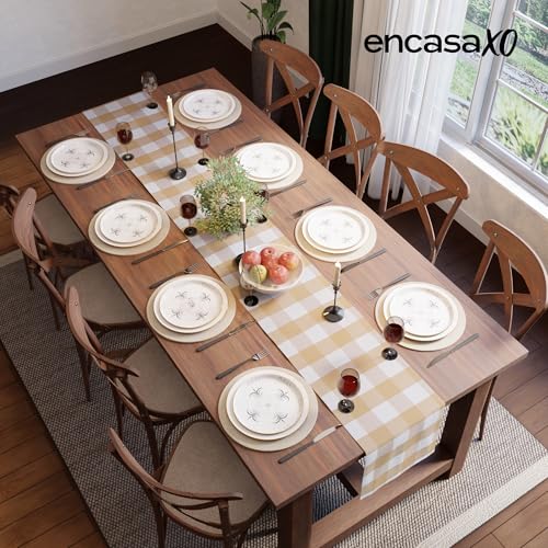 Image of Encasa XO Cotton Table Runner for 8 Seater | Size 13x91 in | Buffalo Beige Checks - Machine Washable & Durable