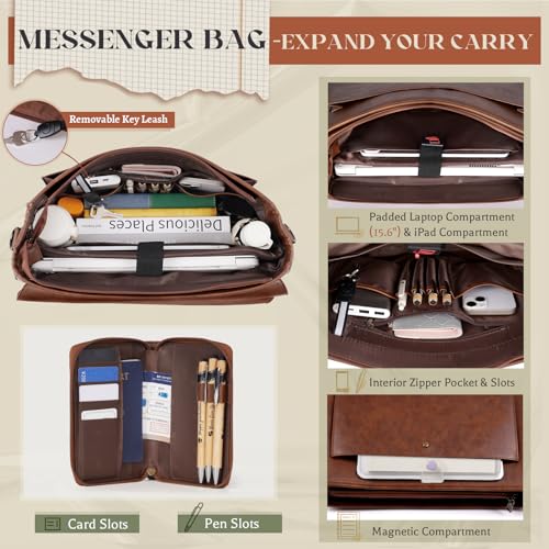 Image of RAINSMORE Flap Messenger Bag for Men Vintage PU Leather Laptop Bag 15.6 Inch Retro Briefcase with Wallet Satchel Computer Bag