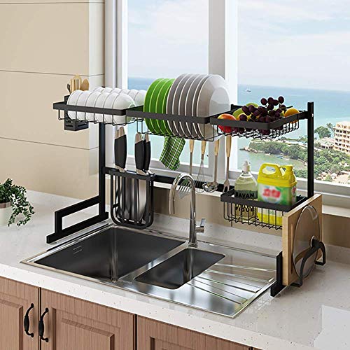 Over Sink Geschirrtrockner, Edelstahl-Abflussregal mit Utensilienhalter Geschirrkorb Counter Organizer Schwarz 79cm (31inch)