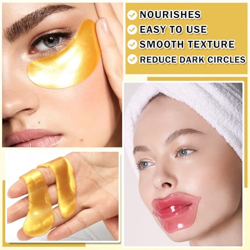 ZHISHUDL 30PCS Lip Mask & Under Eye Mask Pink Lip Masks 24k Gold Eye Mask Patches for Puffy Eyes Effectively Moisturizing Lip & Eye Skin Reducing Fine Lines & Dark Circle